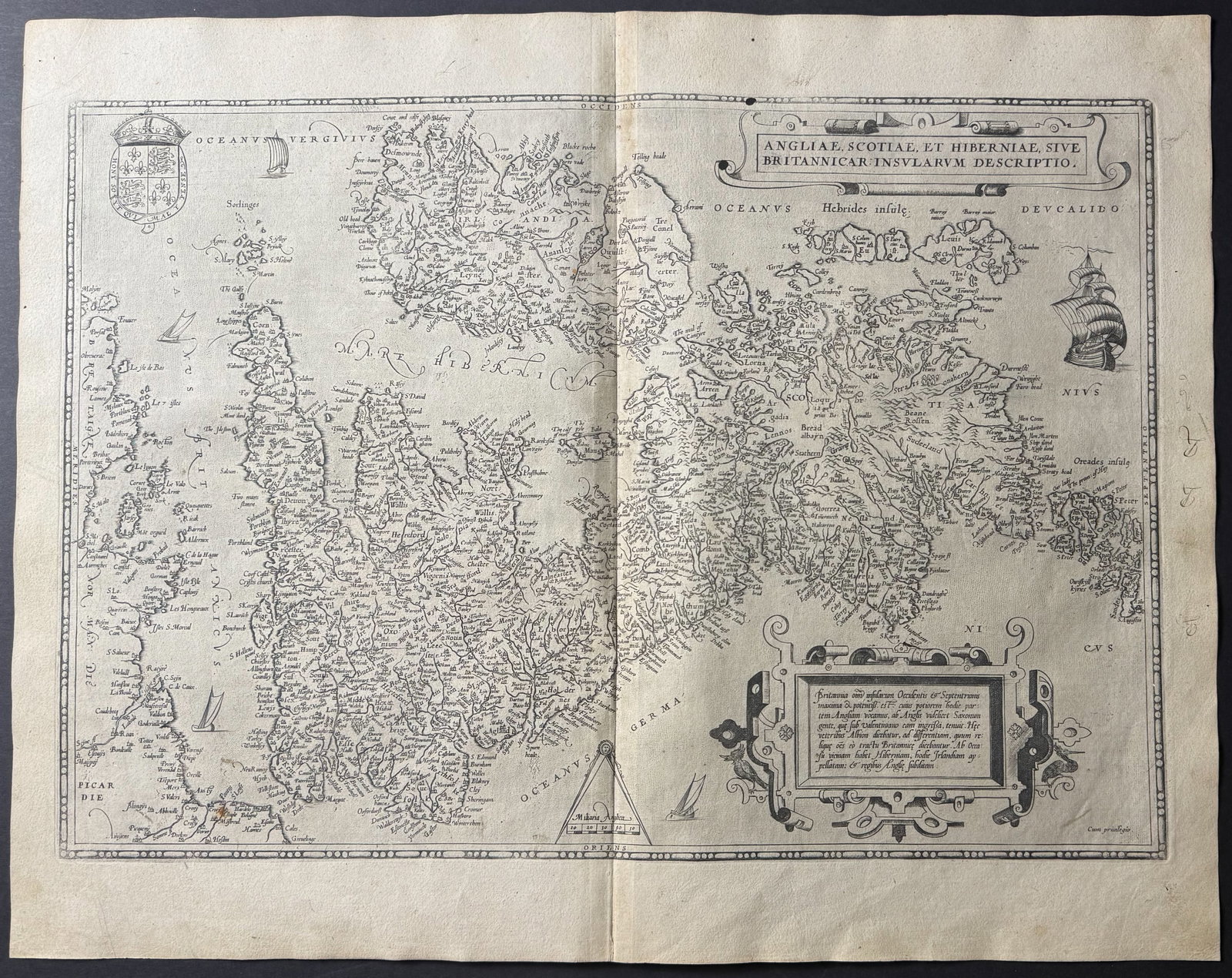 Ortelius, pub. 1579 - Map of the British Isles (England, Scotland, Ireland): This stunning folio map is from Abraham Ortelius's Theatrum orbis terrarum. The work was published in 1579 in Antwerp by Plantin. The maps have been described as "the most outstanding engravings depic