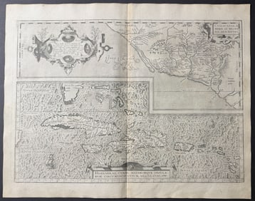 Ortelius, pub. 1579 - Map of Cuba Hispaniola, Jamaica (West Indies, part of Florida), and Southeast