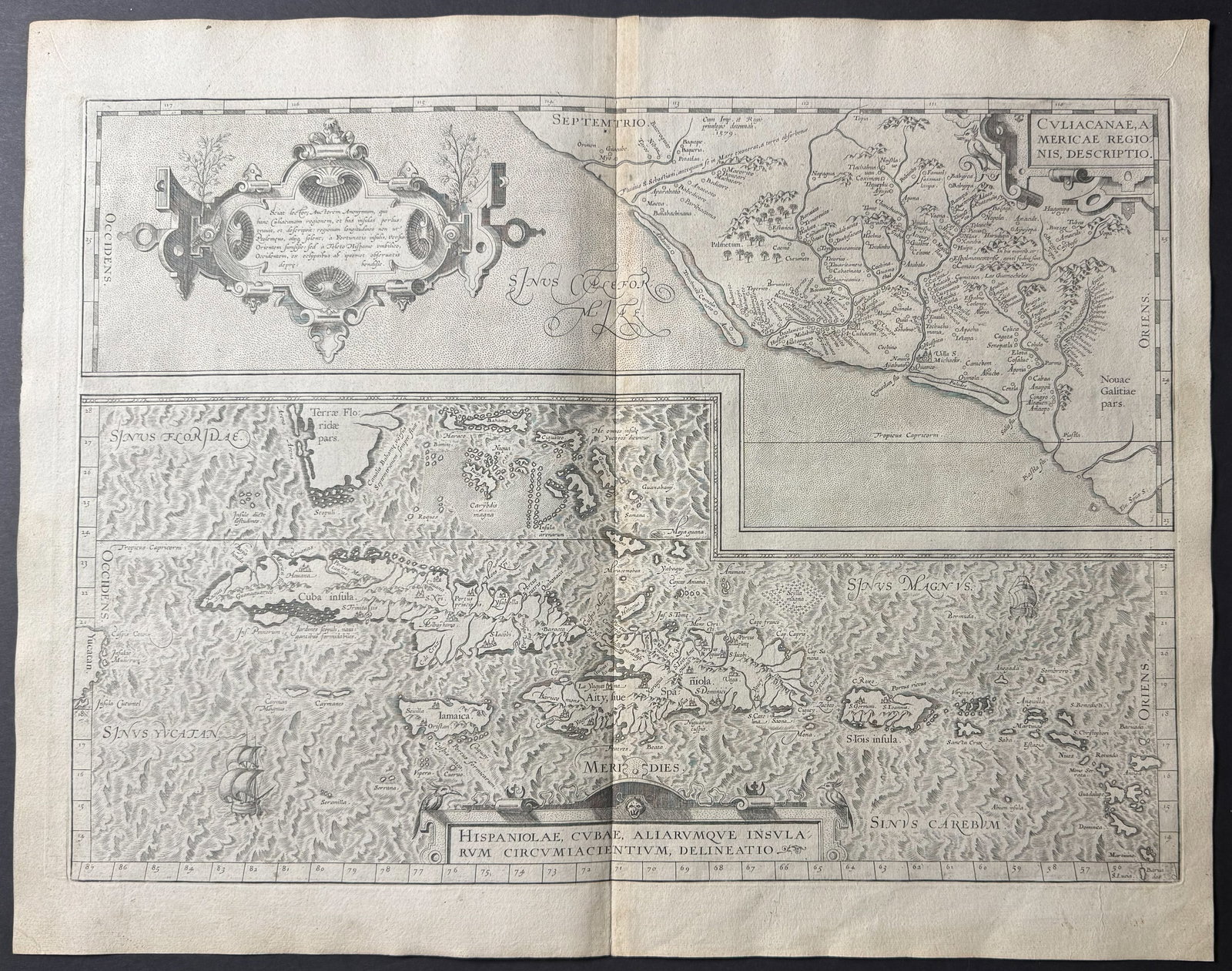 Ortelius, pub. 1579 - Map of Cuba Hispaniola, Jamaica (West Indies, part of Florida), and Southeast: This stunning folio map is from Abraham Ortelius's Theatrum orbis terrarum. The work was published in 1579 in Antwerp by Plantin. The maps have been described as "the most outstanding engravings depic