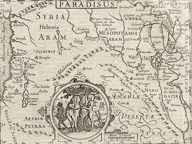 Purchas, pub. 1625 - Map of Paradise or Garden of Eden with Inset of Adam & Eve