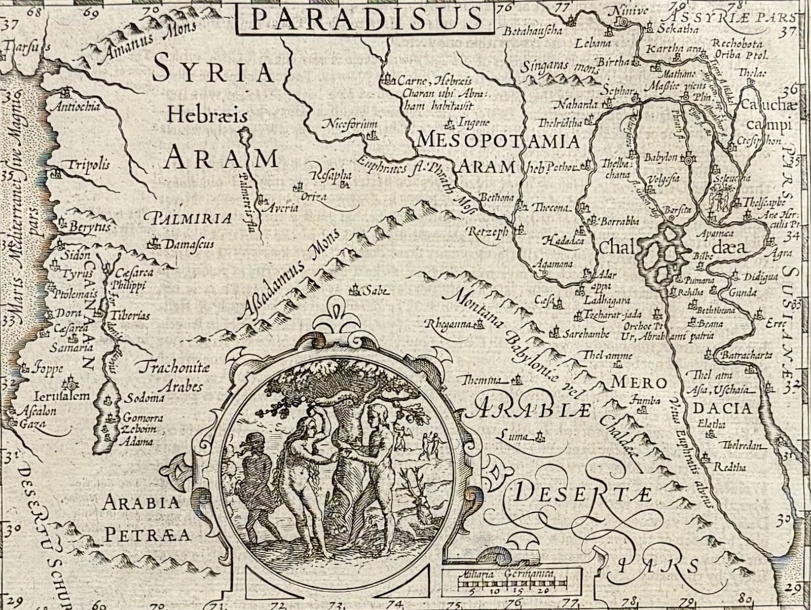 Purchas, pub. 1625 - Map of Paradise or Garden of Eden with Inset of Adam & Eve (1 of 2)