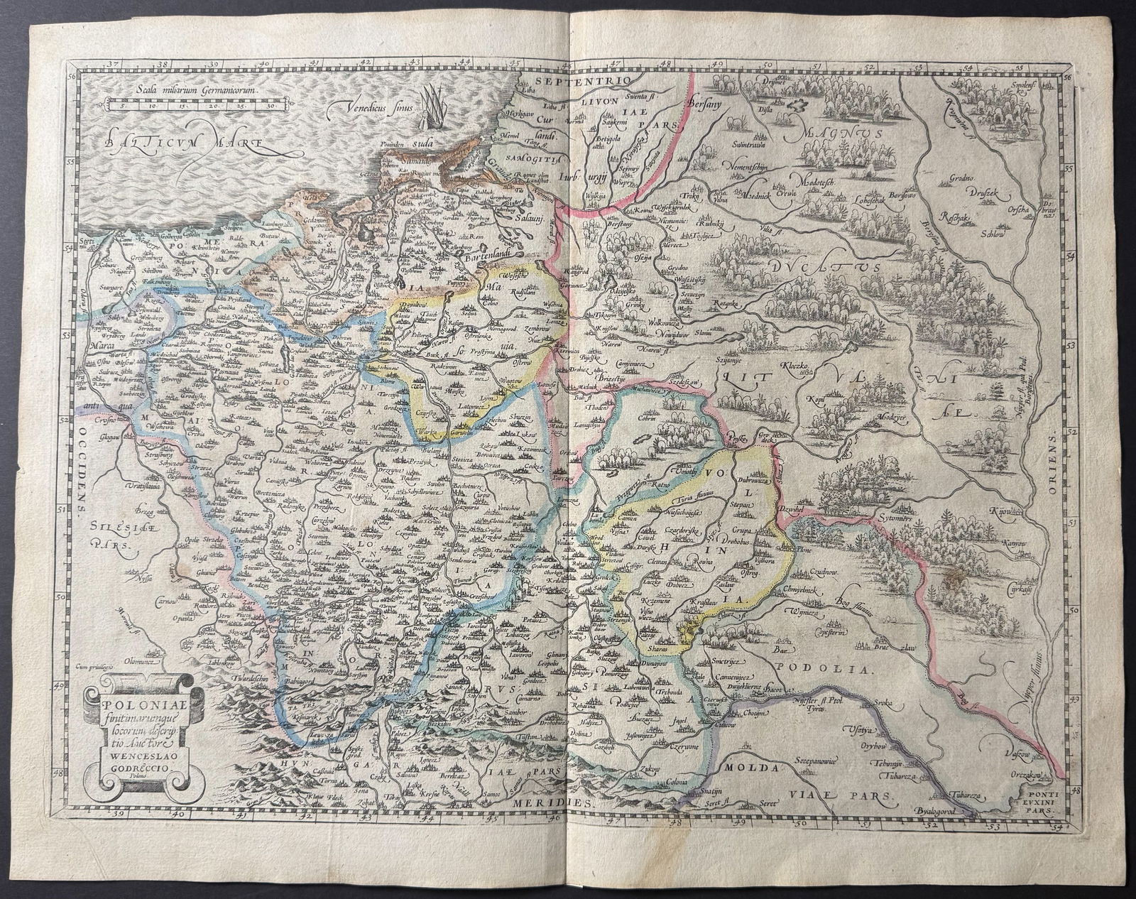 Ortelius, pub. 1579 - Map of Poland: This stunning folio map is from Abraham Ortelius's Theatrum orbis terrarum. The work was published in 1579 in Antwerp by Plantin. The maps have been described as "the most outstanding engravings depic