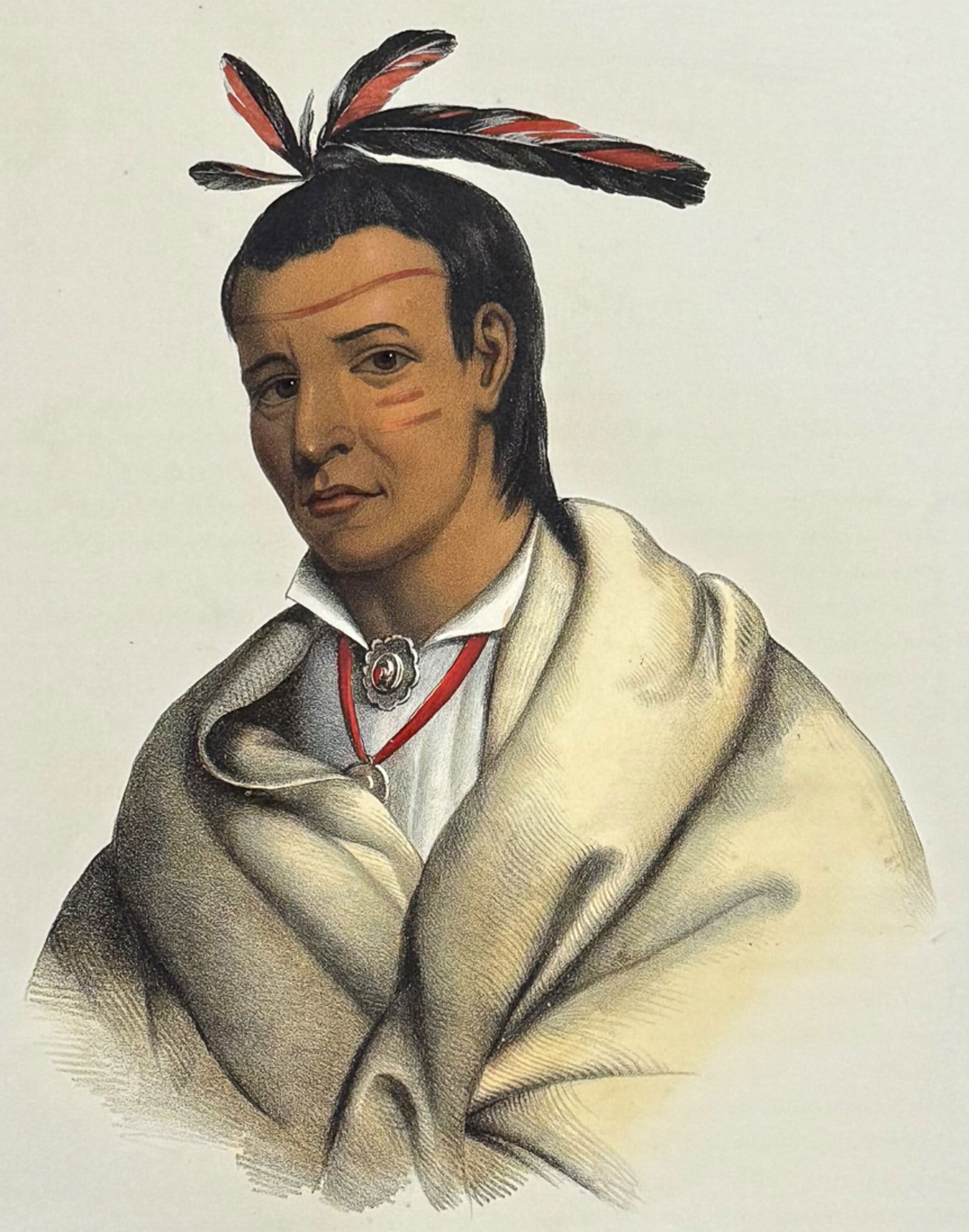 McKenney & Hall, Folio - A-Mis-Quam, A Winnebago Brave: This historic folio, Native American lithograph is from Thomas L. McKenney & James Hall?s History of the Indian Tribes of North America. The work was published in Philadelphia by Daniel Rice and James