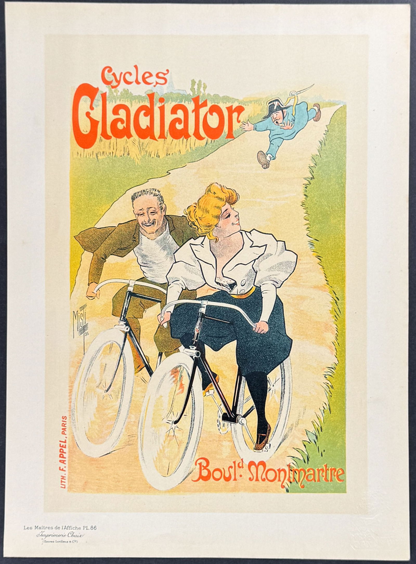 Maitres Affiches by Misti - Cycles Gladiator: This first edition, folio lithograph after a poster is from Les Maitres de l'Affiche. The work was published by Imprimerie Chaix under the direction of Jules Cheret in Paris between 1896 and 1900. The