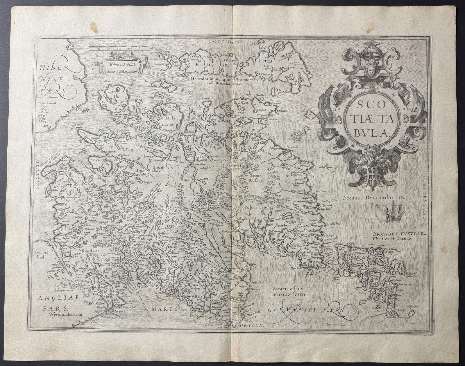Ortelius, pub. 1579 - Map of Scotland: This stunning folio map is from Abraham Ortelius's Theatrum orbis terrarum. The work was published in 1579 in Antwerp by Plantin. The maps have been described as "the most outstanding engravings depic