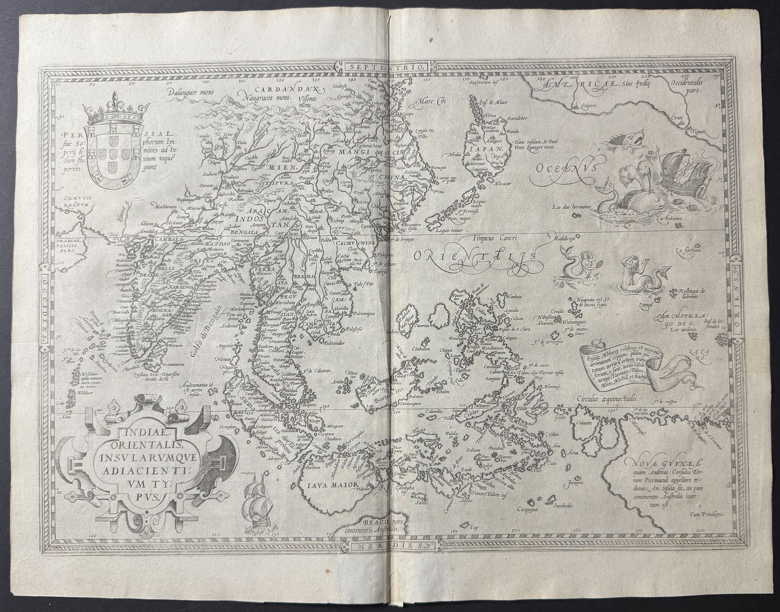 Ortelius, pub. 1579 - Map of India: This stunning folio map is from Abraham Ortelius's Theatrum orbis terrarum. The work was published in 1579 in Antwerp by Plantin. The maps have been described as "the most outstanding engravings depic
