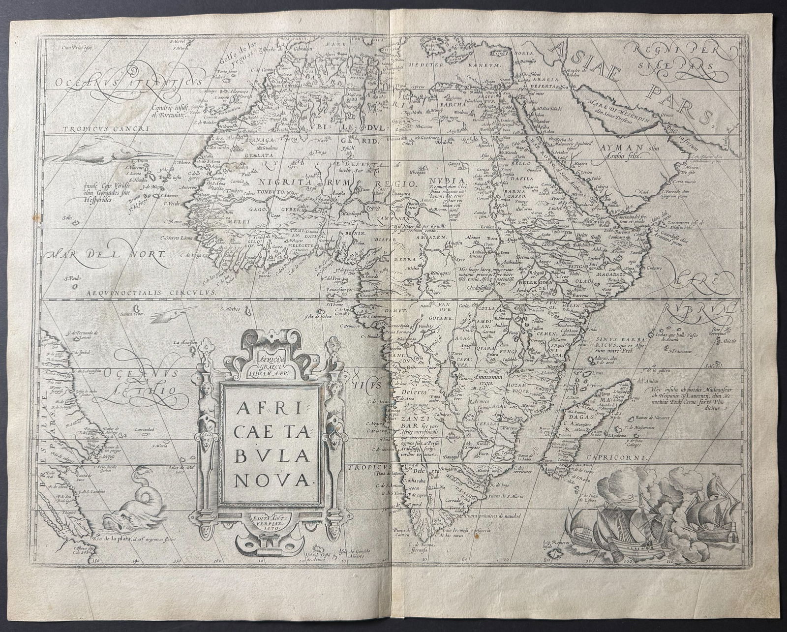 Ortelius, pub. 1579 - Map of Africa: This stunning folio map is from Abraham Ortelius's Theatrum orbis terrarum. The work was published in 1579 in Antwerp by Plantin. The maps have been described as "the most outstanding engravings depic