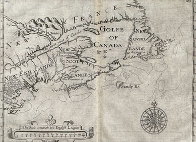 Purchas, pub. 1625 - Map of New France or Canada with part of New England (First Naming of Cape Cod