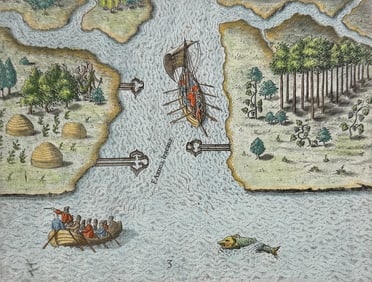 De Bry - Florida - Leaving. the May River, the French discover two other rivers (Sea Monster)