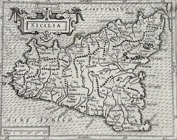 Purchas, pub. 1625 - Map of Sicily / Verso: Map of Cyprus, Rhodes, surrounding Islands