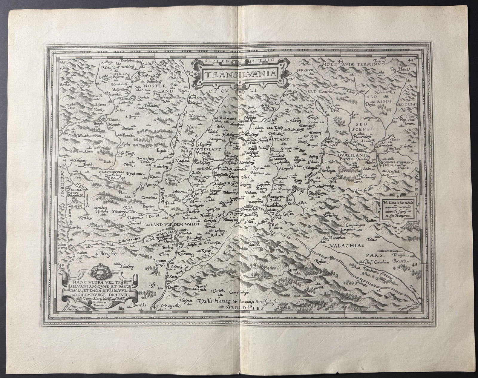 Ortelius, pub. 1579 - Map of Transylvania, Romania: This stunning folio map is from Abraham Ortelius's Theatrum orbis terrarum. The work was published in 1579 in Antwerp by Plantin. The maps have been described as "the most outstanding engravings depic
