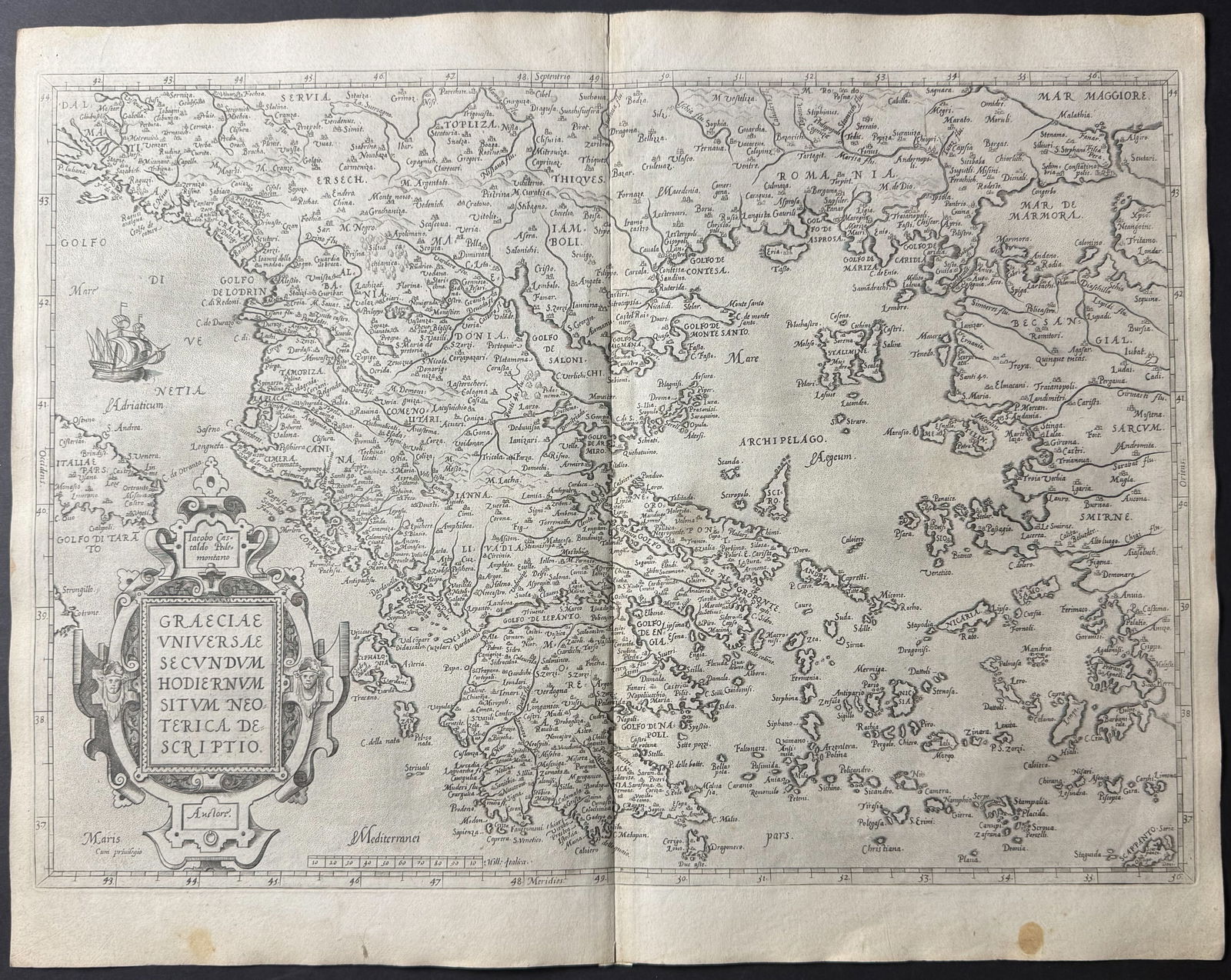 Ortelius, pub. 1579 - Map of Greece: This stunning folio map is from Abraham Ortelius's Theatrum orbis terrarum. The work was published in 1579 in Antwerp by Plantin. The maps have been described as "the most outstanding engravings depic
