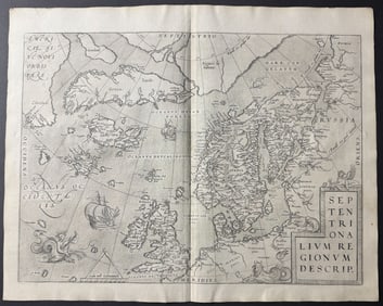 Ortelius, pub. 1579 - Map of the North Sea with part of America, Greenland, Iceland, British Isles,
