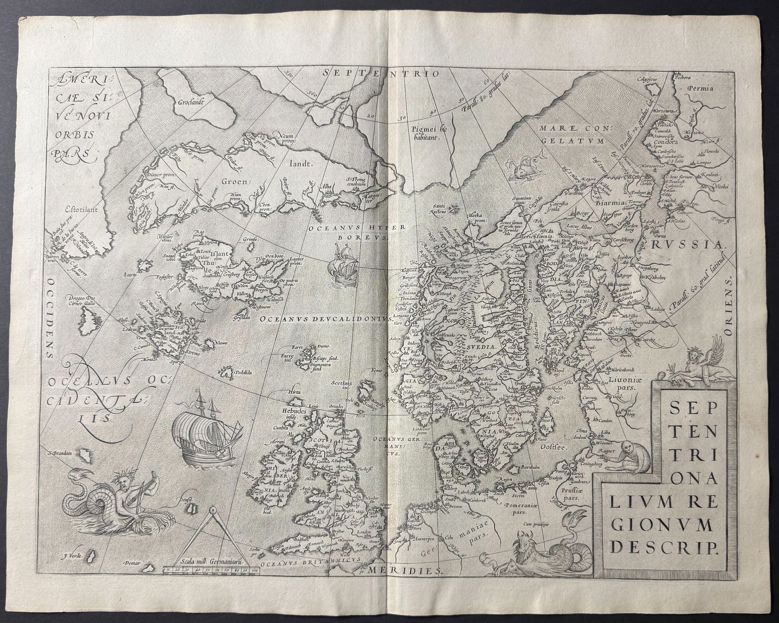Ortelius, pub. 1579 - Map of the North Sea with part of America, Greenland, Iceland, British Isles,: This stunning folio map is from Abraham Ortelius's Theatrum orbis terrarum. The work was published in 1579 in Antwerp by Plantin. The maps have been described as "the most outstanding engravings depic