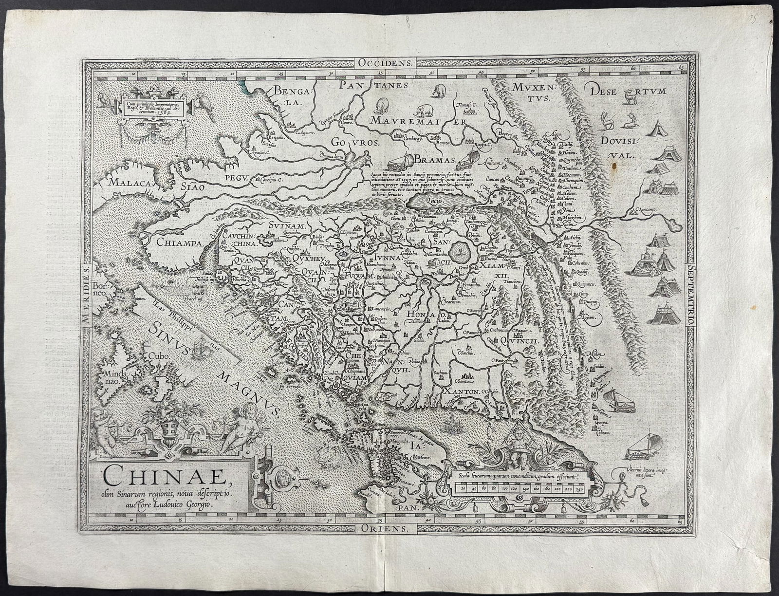 Ortelius, pub. 1613 - Map of China: This stunning folio map is from Abraham Ortelius's Theatrum orbis terrarum. The work was published in Antwerp by Plantin dated 1598 in the colophon but published 1613. The maps have been described as