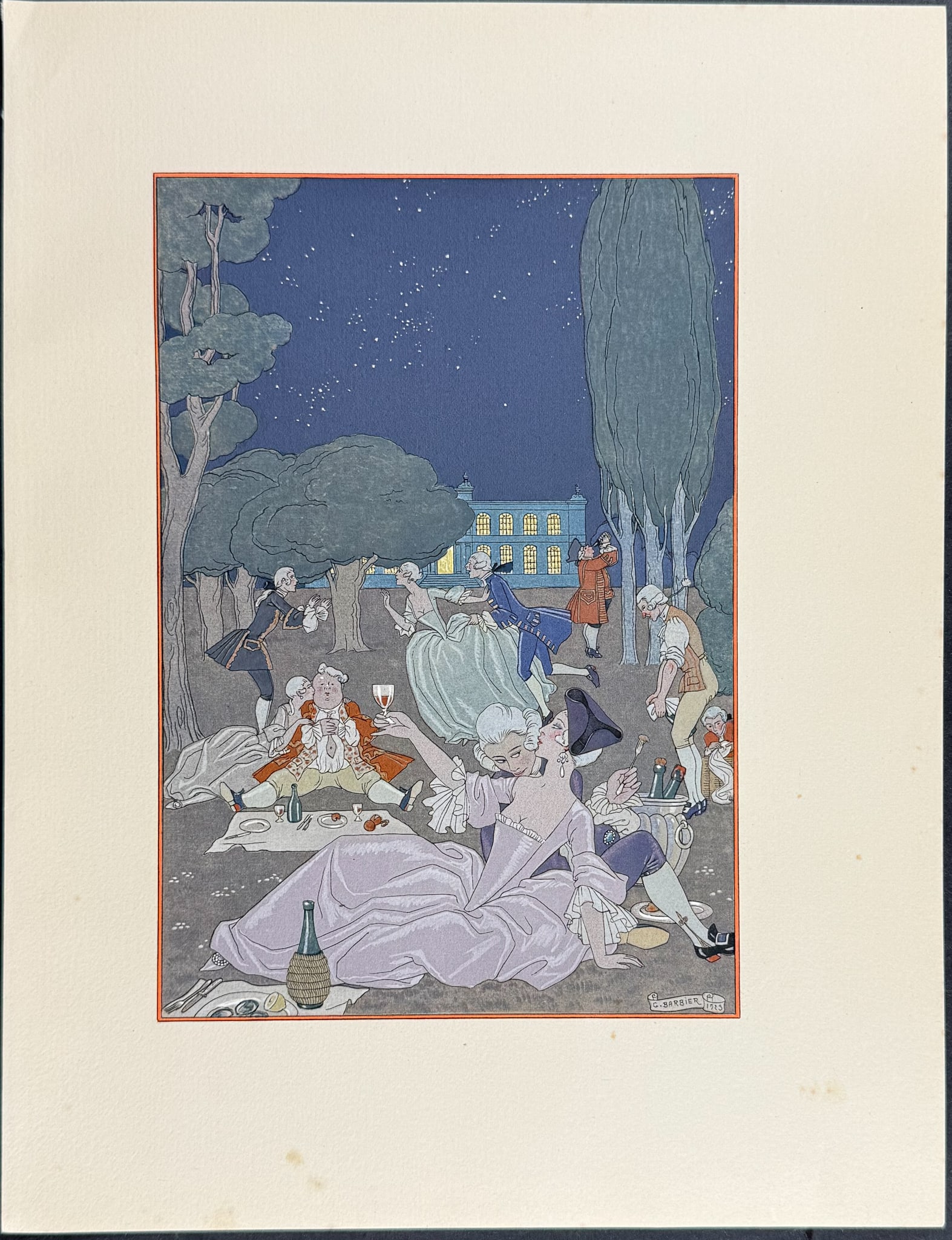 Barbier & Verlaine - Sur L'Herbe: Pochoir Illustration: This beautiful pochoir illustration is from the work Fetes Galantes. It was printed in 1928 and was part of a limited edition series of 1200. The illustrations were completed by George Barbier. Each p