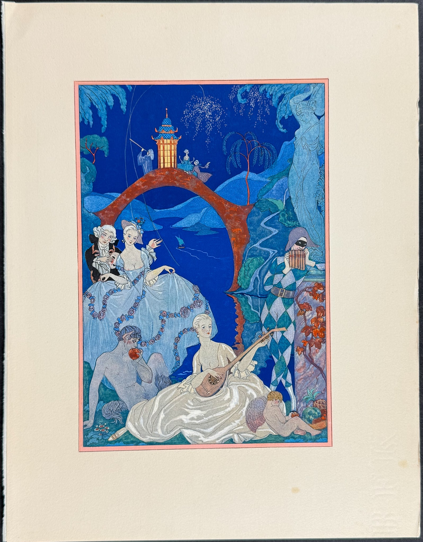 Barbier & Verlaine - Clair de Lune: Pochoir Illustration: This beautiful pochoir illustration is from the work Fetes Galantes. It was printed in 1928 and was part of a limited edition series of 1200. The illustrations were completed by George Barbier. Each p