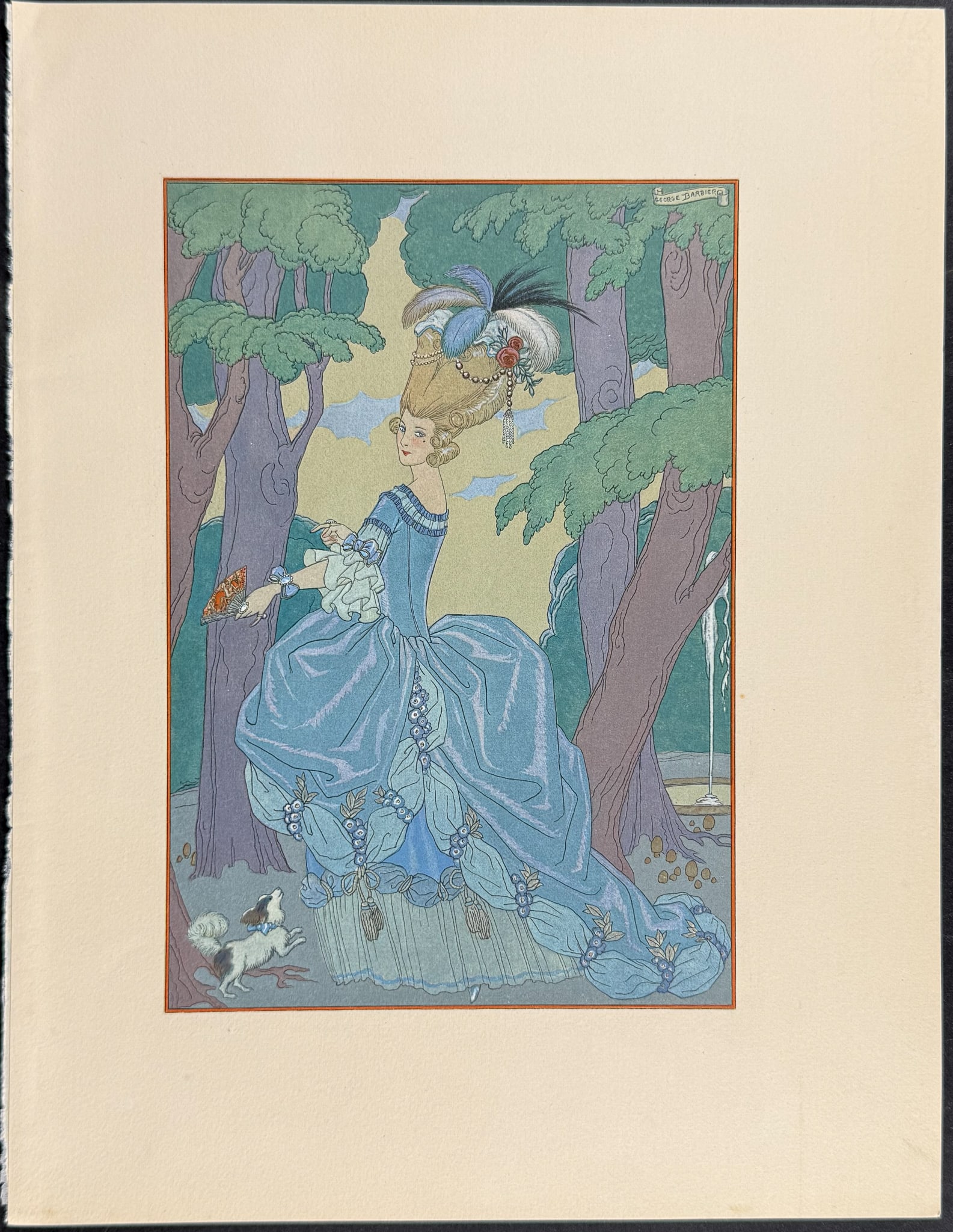 Barbier & Verlaine - L'Allee: Pochoir Illustration: This beautiful pochoir illustration is from the work Fetes Galantes. It was printed in 1928 and was part of a limited edition series of 1200. The illustrations were completed by George Barbier. Each p