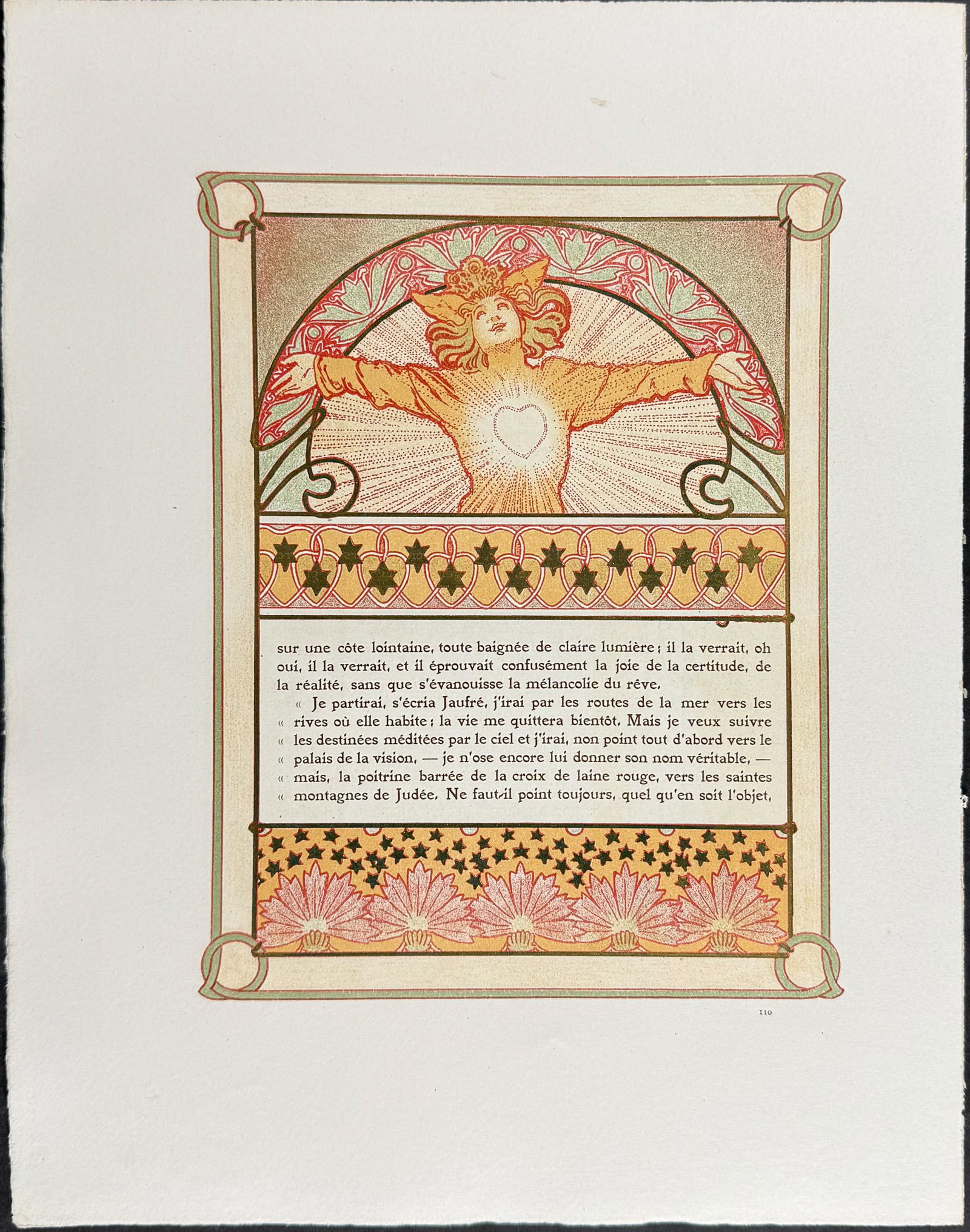 Mucha - Ornately Illustrated Page with Image and Text to each side: This attractive color lithograph is by Alphonse Mucha as part of the work by Robert de Flers entitled Ilsee, Princess of Tripoli. The work was published in Paris by by L'Edition d'Art & H. Piazza in 1