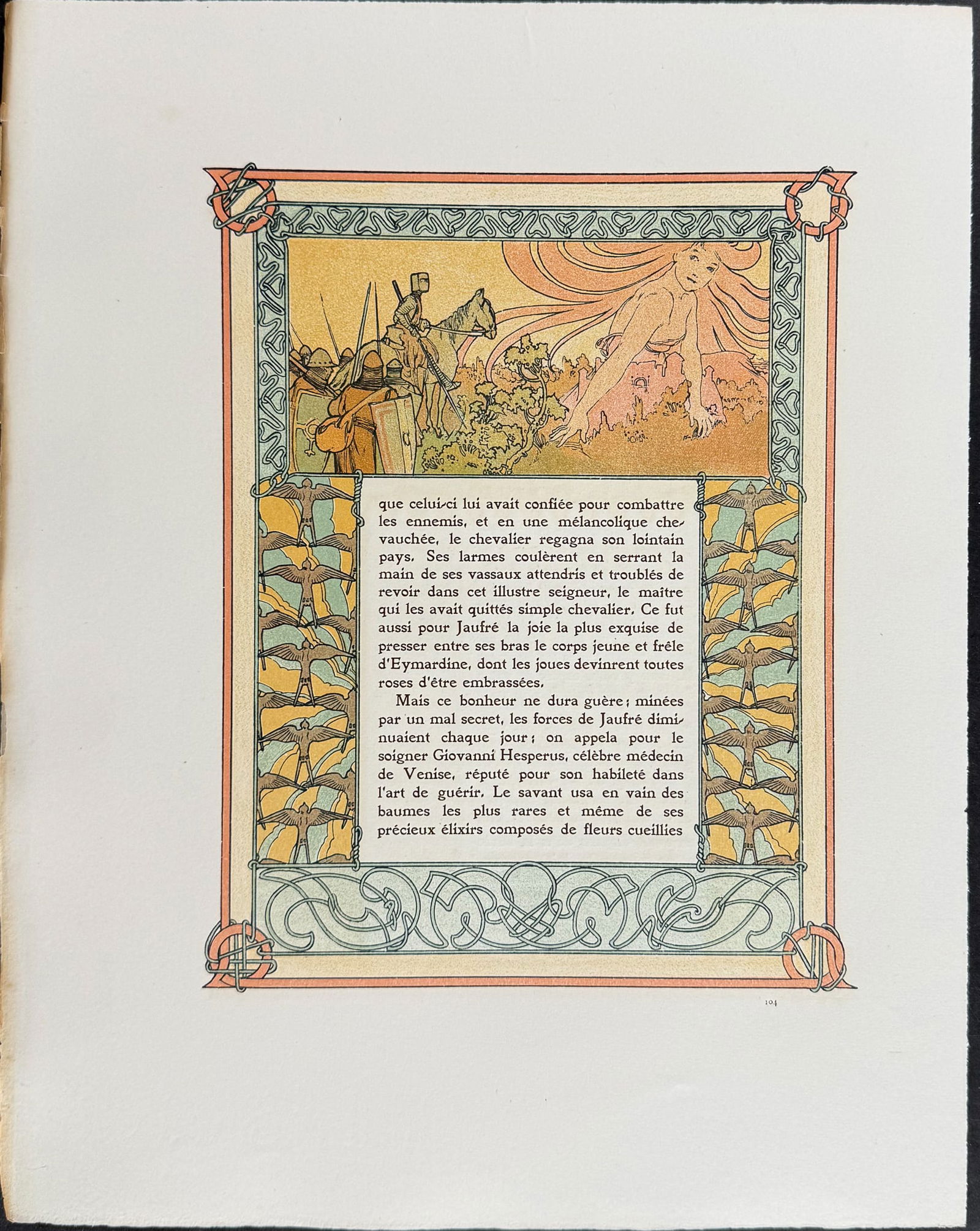 Mucha - Ornately Illustrated Page with Image and Text to each side: This attractive color lithograph is by Alphonse Mucha as part of the work by Robert de Flers entitled Ilsee, Princess of Tripoli. The work was published in Paris by by L'Edition d'Art & H. Piazza in 1