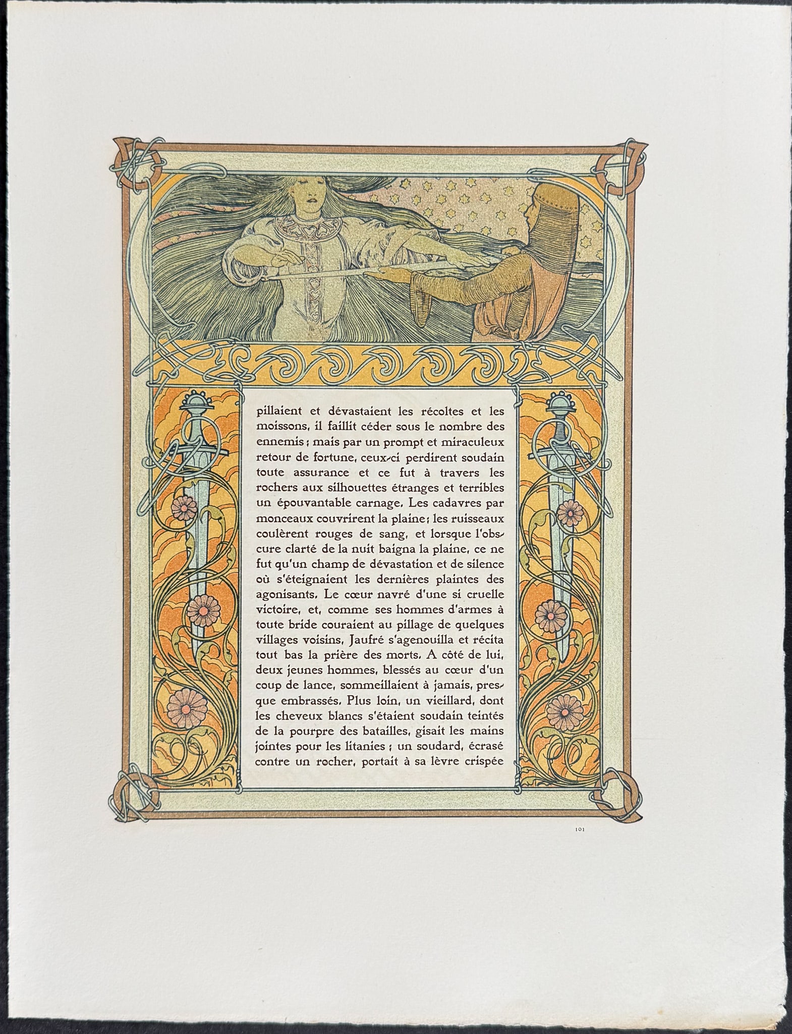 Mucha - Ornately Illustrated Page with Image and Text to each side: This attractive color lithograph is by Alphonse Mucha as part of the work by Robert de Flers entitled Ilsee, Princess of Tripoli. The work was published in Paris by by L'Edition d'Art & H. Piazza in 1