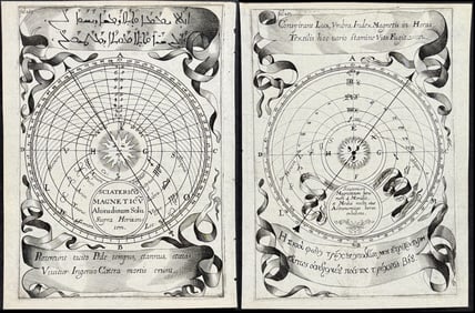 Kircher, pub. 1643 - 5 Engravings of Magnetism Charts or Diagrams