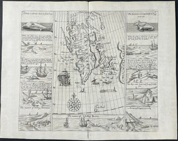 Purchas - Map of Greenland (with Whale and Seal Hunting Insets)
