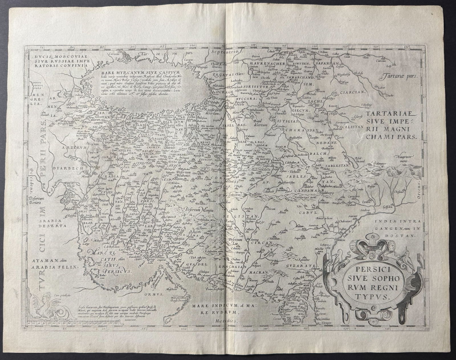 Ortelius, pub. 1579 - Map of Persian Gulf or Arabian Peninsula: This stunning folio map is from Abraham Ortelius's Theatrum orbis terrarum. The work was published in 1579 in Antwerp by Plantin. The maps have been described as "the most outstanding engravings depic