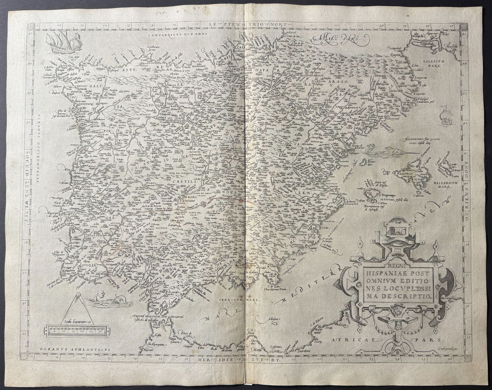 Ortelius, pub. 1579 - Map of Spain & Portugal: This stunning folio map is from Abraham Ortelius's Theatrum orbis terrarum. The work was published in 1579 in Antwerp by Plantin. The maps have been described as "the most outstanding engravings depic