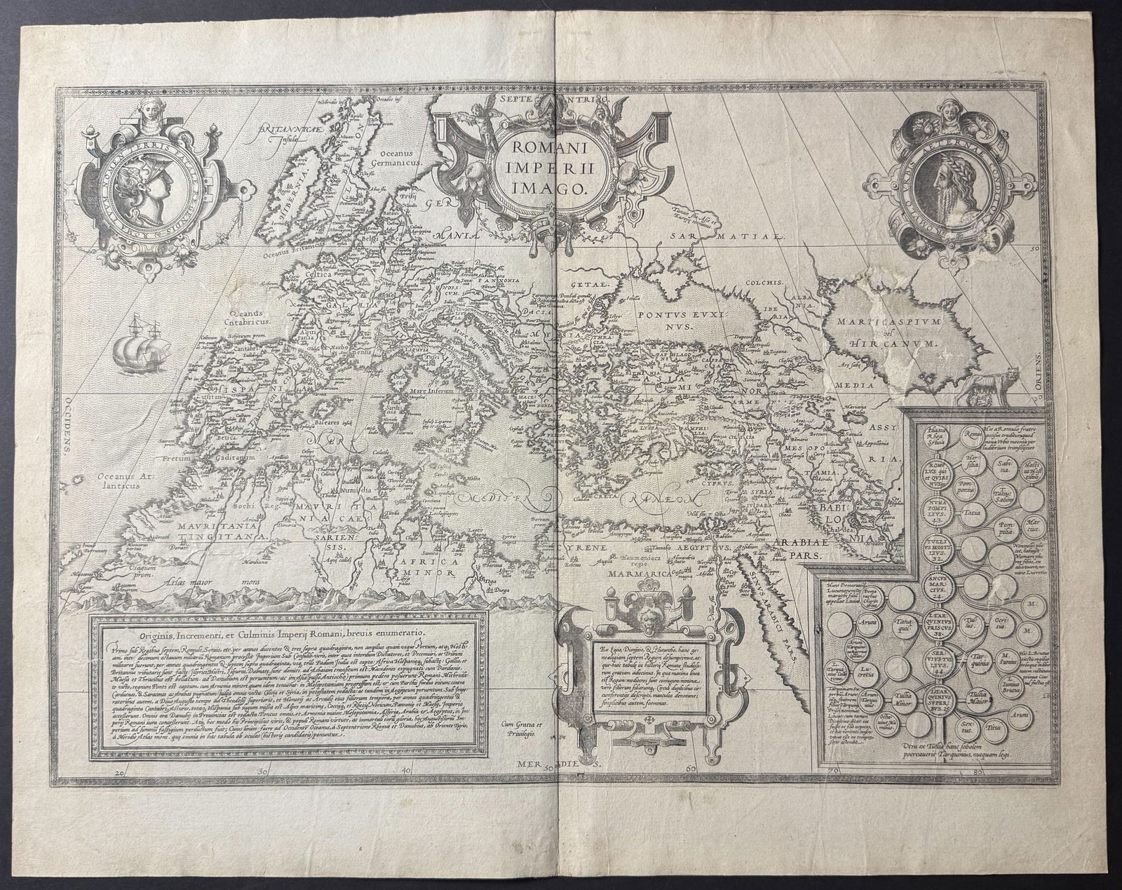 Ortelius, pub. 1579 - Map of the Roman Empire: This stunning folio map is from Abraham Ortelius's Theatrum orbis terrarum. The work was published in 1579 in Antwerp by Plantin. The maps have been described as "the most outstanding engravings depic