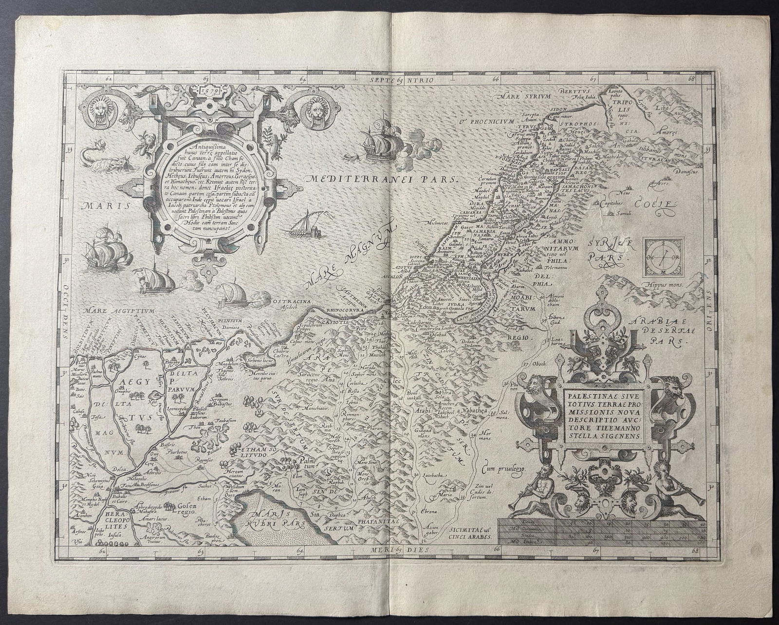Ortelius, pub. 1579 - Map of the Holy Land (Palestine): This stunning folio map is from Abraham Ortelius's Theatrum orbis terrarum. The work was published in 1579 in Antwerp by Plantin. The maps have been described as "the most outstanding engravings depic