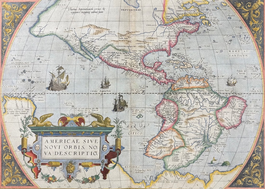Ortelius, pub. 1579 - Map of the Americas (New World): This stunning folio map is from Abraham Ortelius's Theatrum orbis terrarum. The work was published in 1579 in Antwerp by Plantin. The maps have been described as "the most outstanding engravings depic