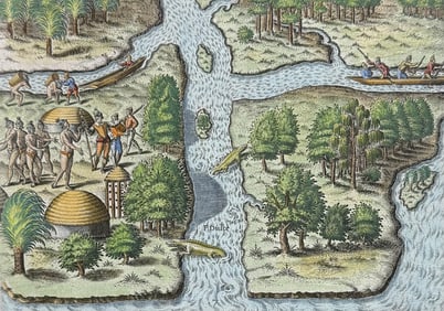 De Bry - Florida - The French left in Fort Charles suffer from scarcity of provisions (Crocodiles or