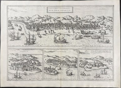 Braun & Hogenberg, pub. 1575 - Views of Trading Route from Africa to India: Calecut, Ormuz, Canonor,