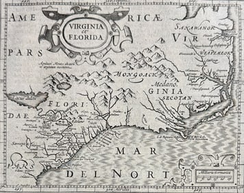Purchas, pub. 1625 - Map of Florida (with Virginia)