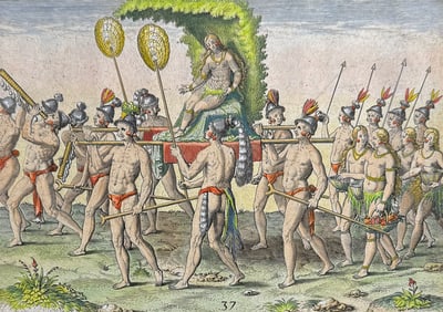 De Bry - Florida - The display involved when a queen elect is brought to the king (Palanquin or