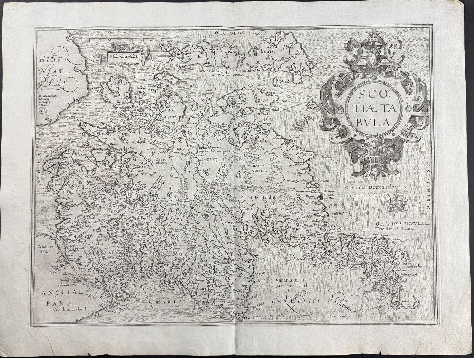 Ortelius, pub. 1580 - Map of Scotland: This stunning folio map is from the rare German edition Abraham Ortelius's Theatrum orbis terrarum or Theatrum oder Schawbuch des Erdtkreijs. The work was published in 1580 in Antwerp by Plantin. The