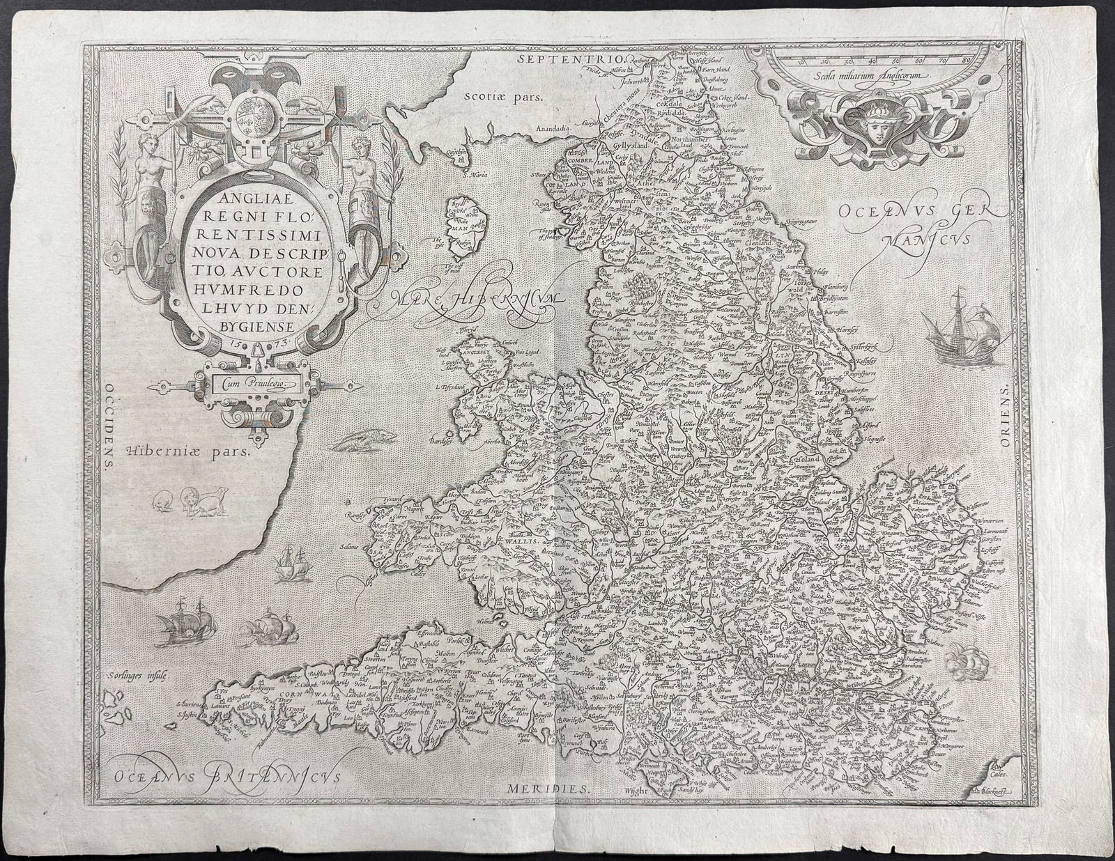 Ortelius, pub. 1580 - Map of England: This stunning folio map is from the rare German edition Abraham Ortelius's Theatrum orbis terrarum or Theatrum oder Schawbuch des Erdtkreijs. The work was published in 1580 in Antwerp by Plantin. The