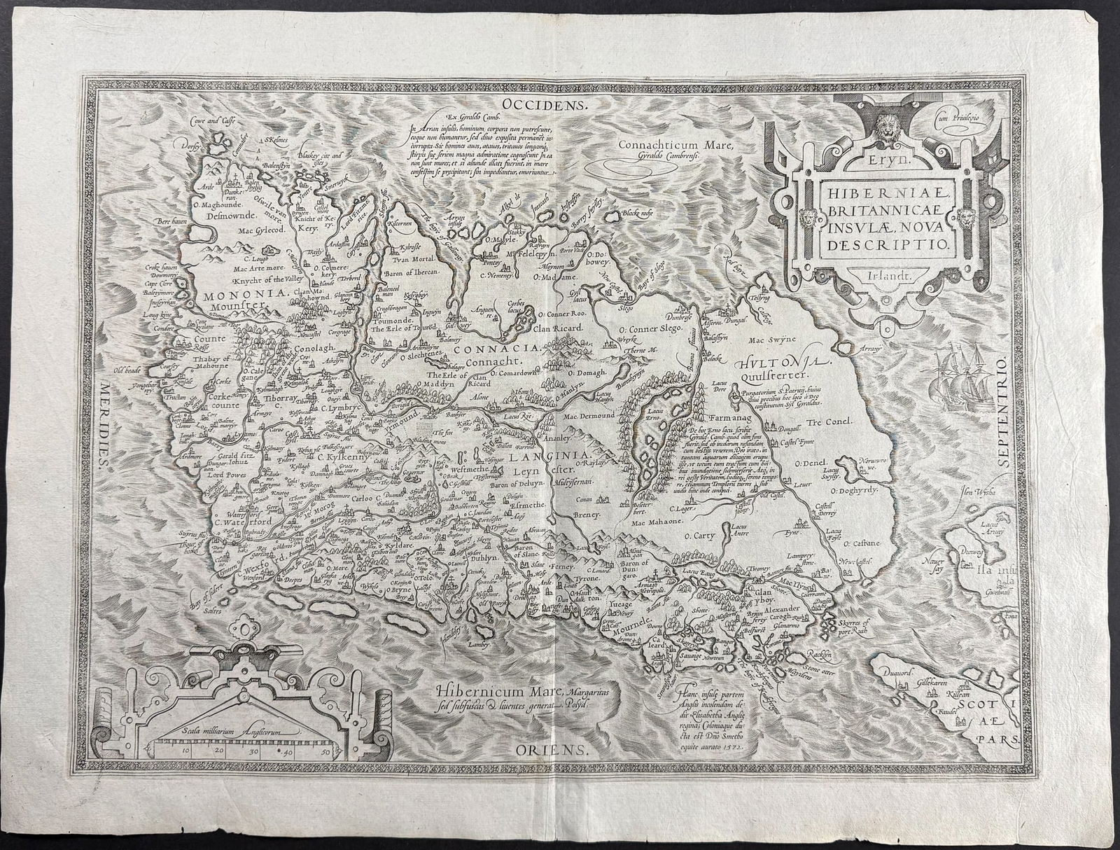 Ortelius, pub. 1580 - Map of Ireland: This stunning folio map is from the rare German edition Abraham Ortelius's Theatrum orbis terrarum or Theatrum oder Schawbuch des Erdtkreijs. The work was published in 1580 in Antwerp by Plantin. The