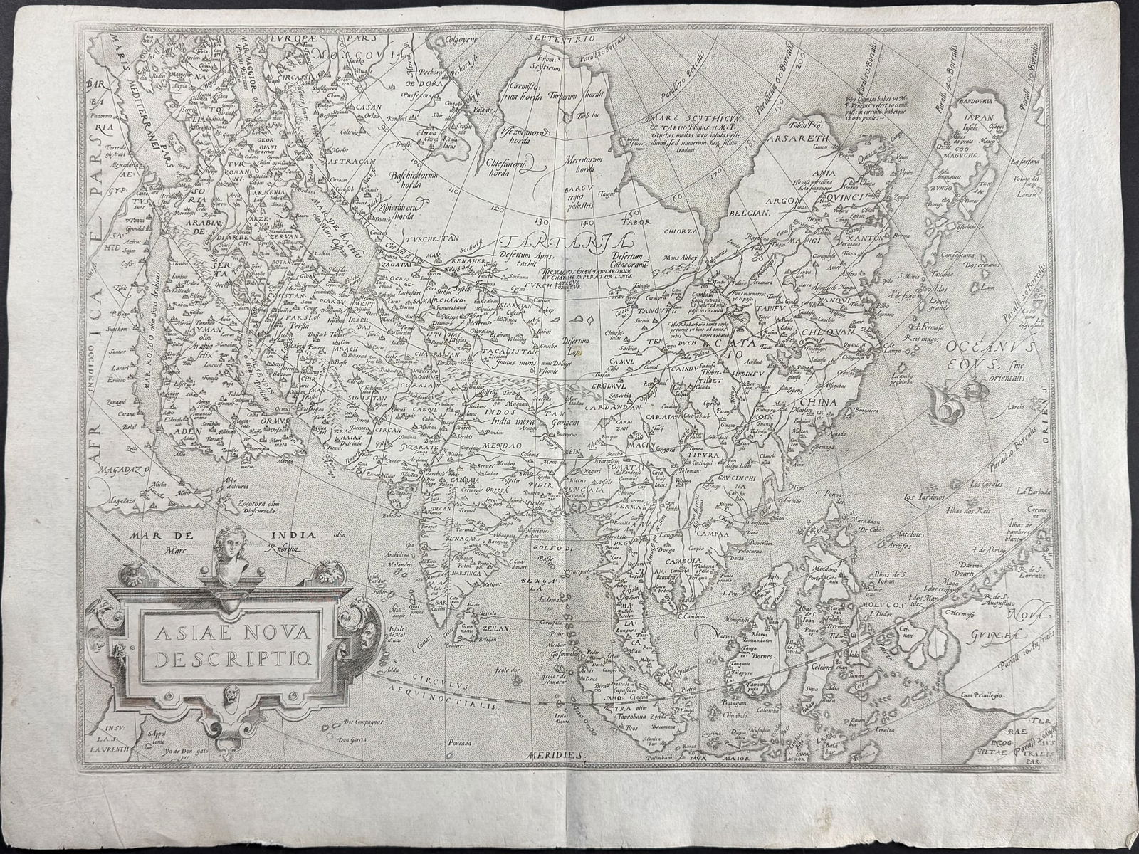 Ortelius, pub. 1580 - Map of Asia: This stunning folio map is from the rare German edition Abraham Ortelius's Theatrum orbis terrarum or Theatrum oder Schawbuch des Erdtkreijs. The work was published in 1580 in Antwerp by Plantin. The