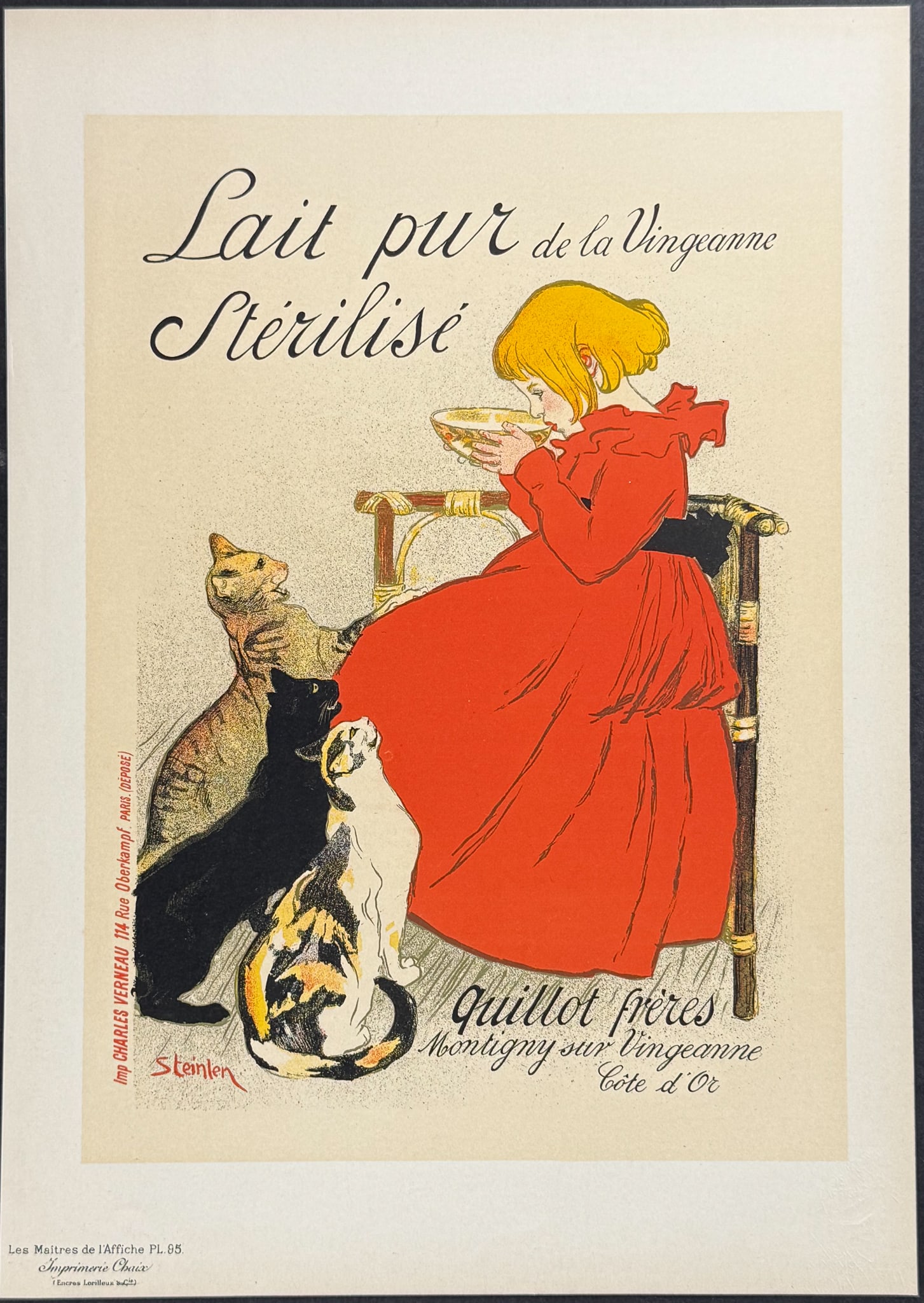 Maitres Affiches by Steinlen - Lait Pur Sterilise: This first edition, folio lithograph after a poster is from Les Maitres de l'Affiche. The work was published by Imprimerie Chaix under the direction of Jules Cheret in Paris between 1896 and 1900. The
