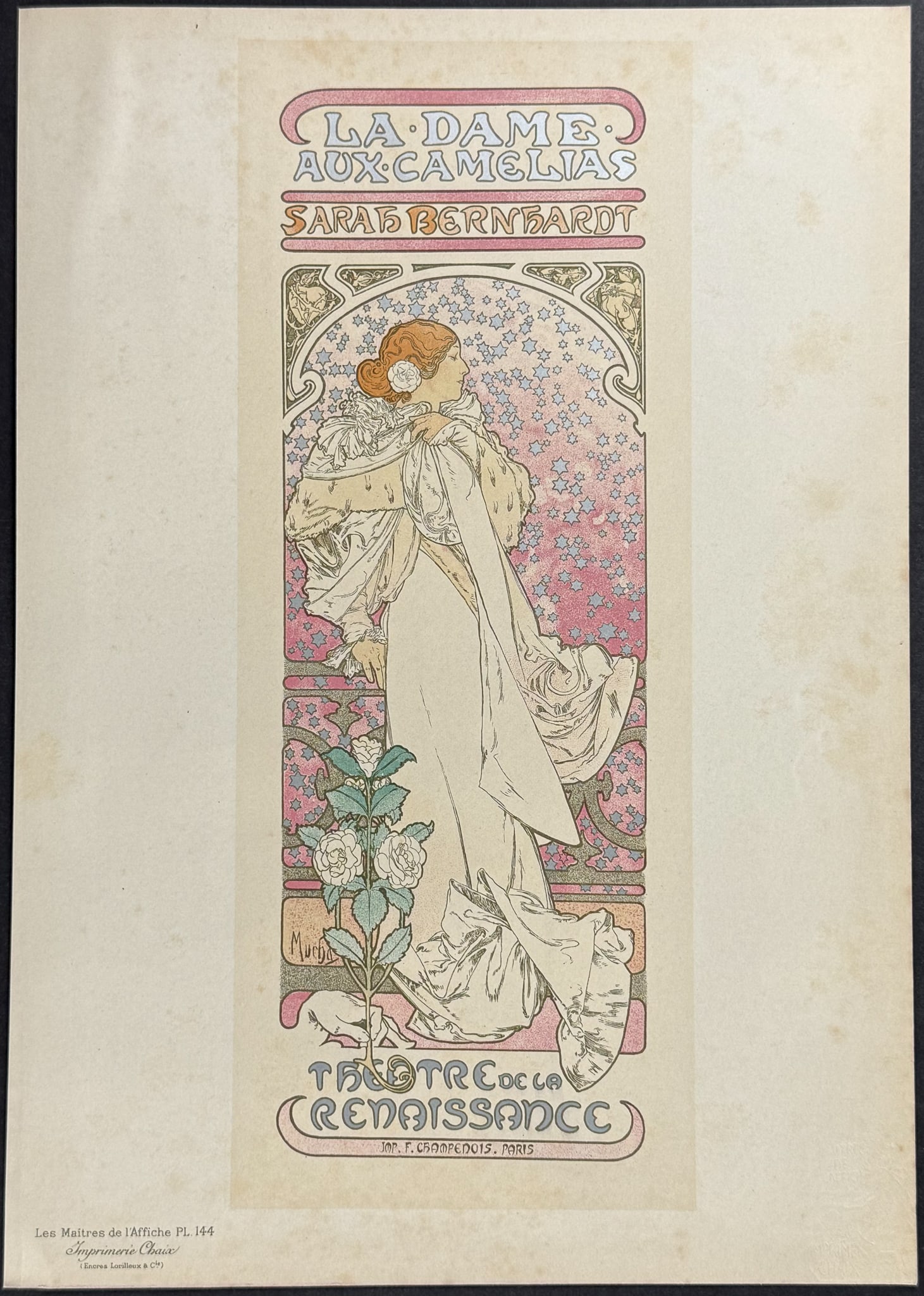 Maitres Affiches by Mucha - La Dame aux Camelias: This first edition, folio lithograph after a poster is from Les Maitres de l'Affiche. The work was published by Imprimerie Chaix under the direction of Jules Cheret in Paris between 1896 and 1900. The
