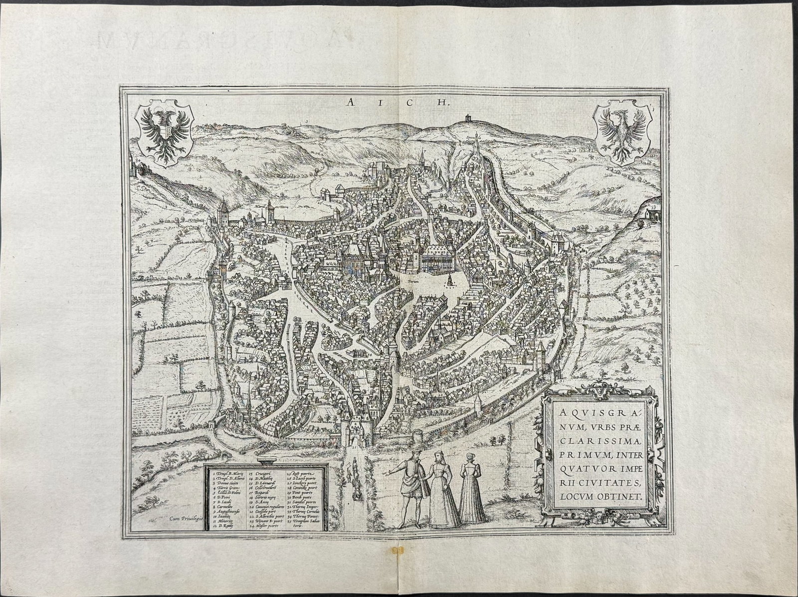 Braun & Hogenberg, pub. 1575 - View of Aachen, Germany: This extraordinary engraving is from Georg Braun & Frans Hogenberg's Civitates Orbis Terrarum or Atlas of the Cities of the World. The work was published in Augsberg in 1575. It is considered the grea