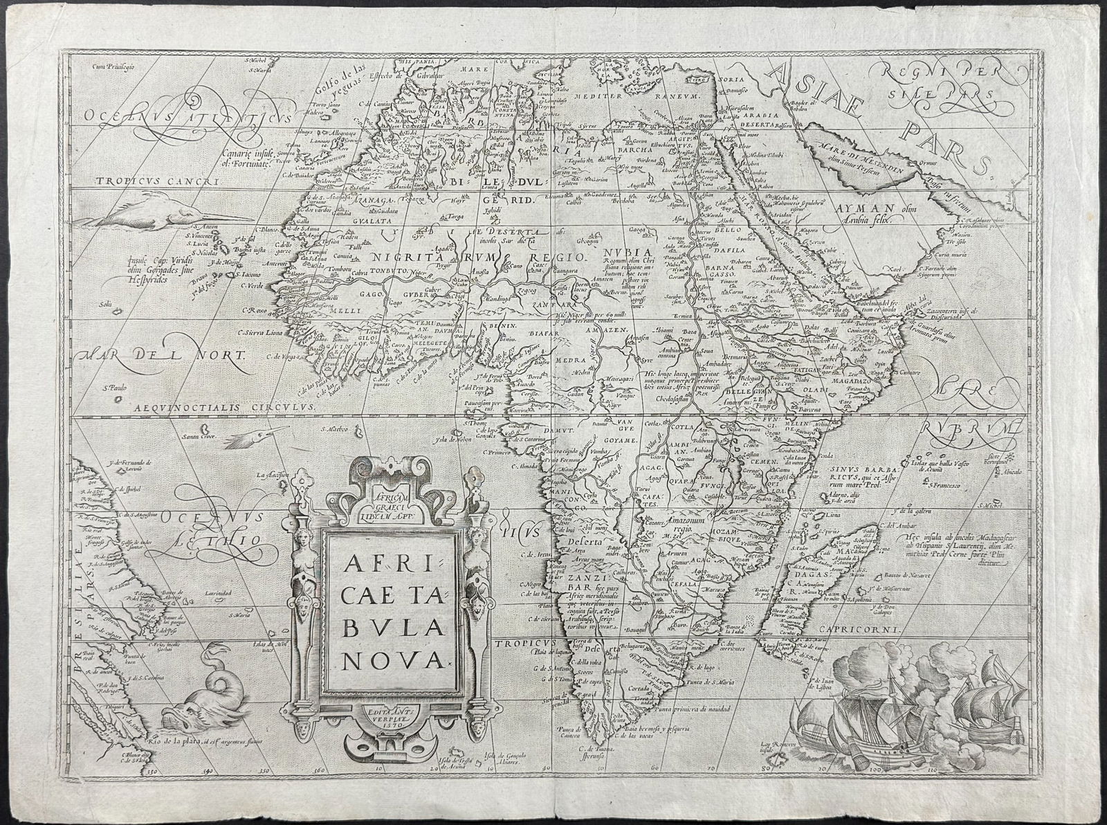 Ortelius, pub. 1580 - Map of Africa: This stunning folio map is from the rare German edition Abraham Ortelius's Theatrum orbis terrarum or Theatrum oder Schawbuch des Erdtkreijs. The work was published in 1580 in Antwerp by Plantin. The