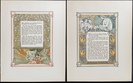 Mucha - Pair of Ornately Illustrated Pages with Image and Text to each side