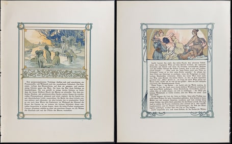Mucha - Pair of Ornately Illustrated Pages with Image and Text to each side