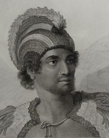 Captain Cook - A Man of the Sandwich Islands, with his Helmet (Hawaii). 64