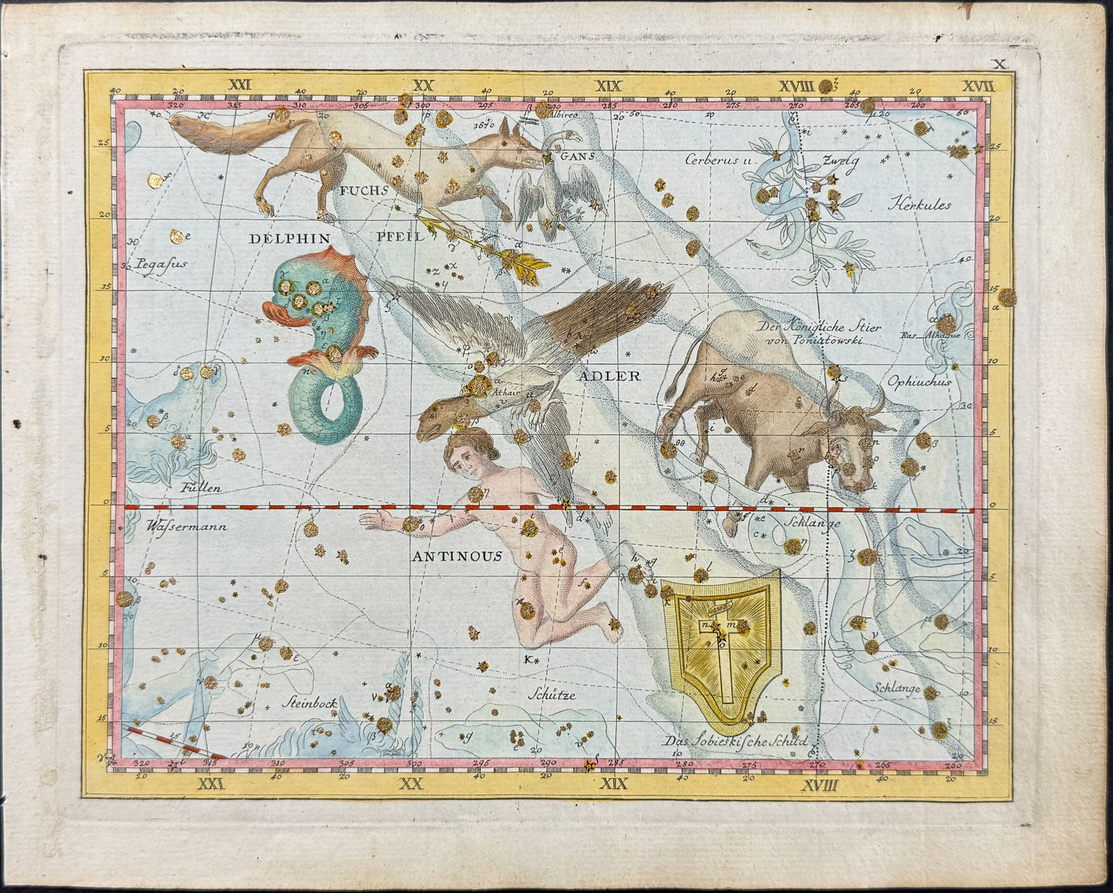 Bode - Constellation Chart: Dolphin (Delphinus), Eagle (Aquila), Bull (Taurus), Antinous. 10 (1 of 1)