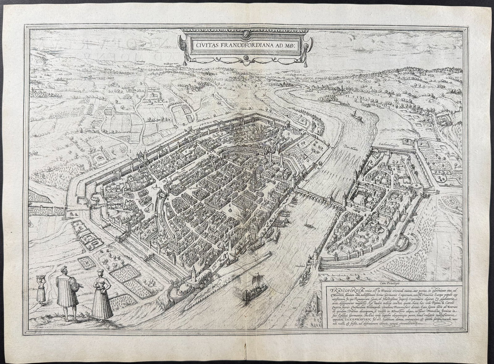 Braun & Hogenberg, pub. 1575 - View of Frankfurt am Rhein, Germany: This extraordinary engraving is from Georg Braun & Frans Hogenberg's Civitates Orbis Terrarum or Atlas of the Cities of the World. The work was published in Augsberg in 1575. It is considered the grea