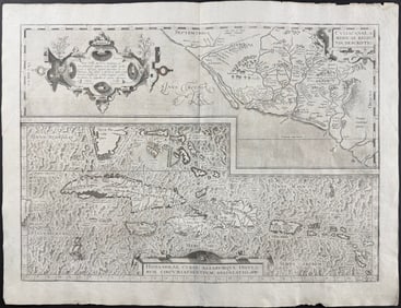 Ortelius, pub. 1580 - Map of Southeast America (Mexico, California) & Cuba, Hispaniola, Jamaica..